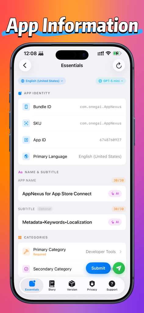 App Store Connect向けのAppNexusのスクリーンショット、名前、サブタイトル、カテゴリ選択を含むメタデータのアプリ情報エディタを表示