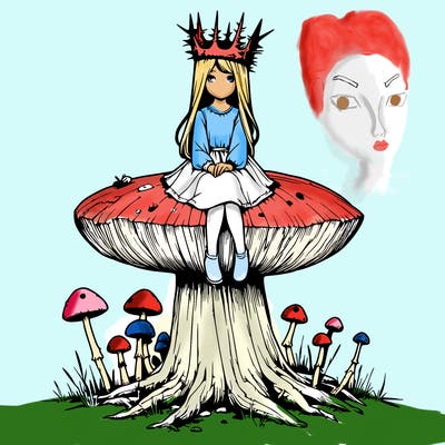 realistic girl sitting on a huge tree stump size toadstool with thorn crown