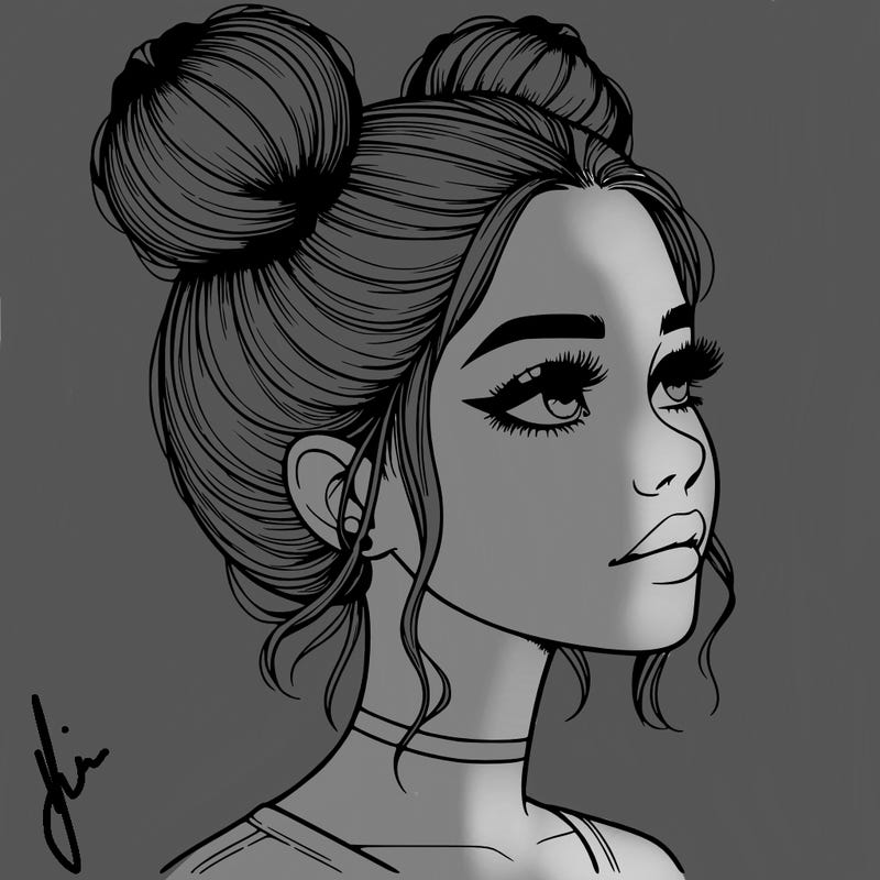 realistic girl with buns on the top of her head