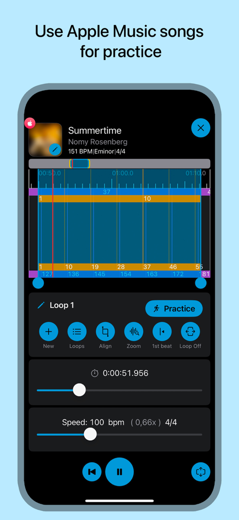 Interface of the Music Looper app showing looping and speed controls for practicing Apple Music songs