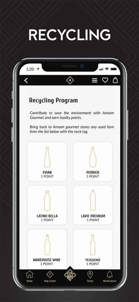 Annam Gourmet - Annam Gourmet app screen showing the recycling program interface where users earn loyalty points for returning bottles