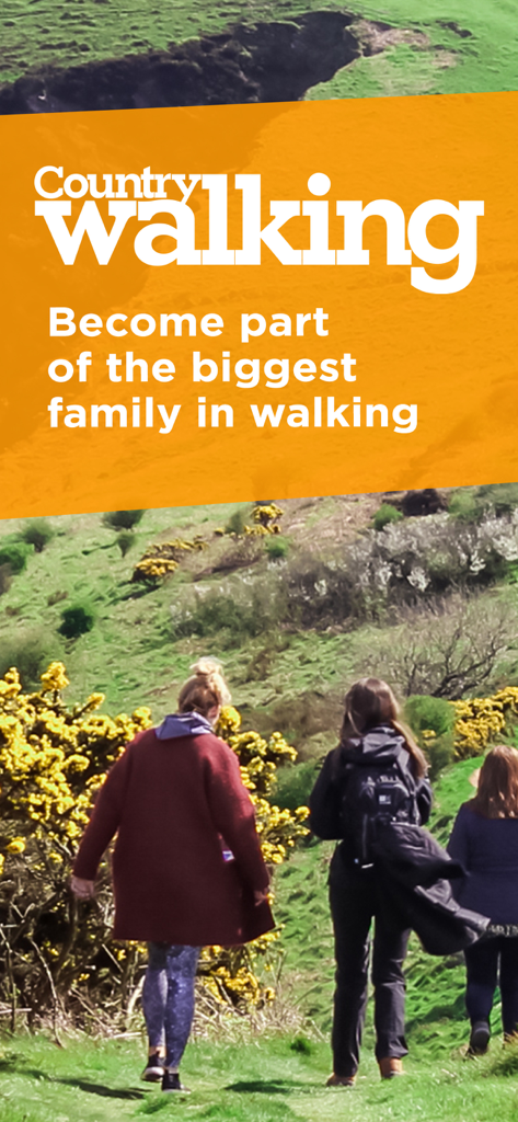 Country Walking Magazine - A group of people hiking through a lush green landscape with the Country Walking Magazine slogan.