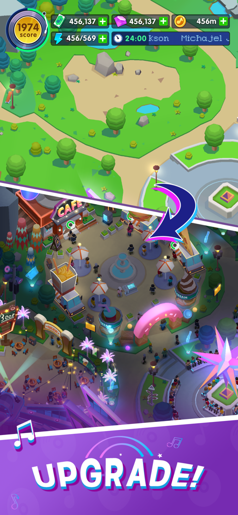 Idle Music Star Tycoon Games - Idle Music Star Tycoon game screenshot showing music festival plaza upgrade