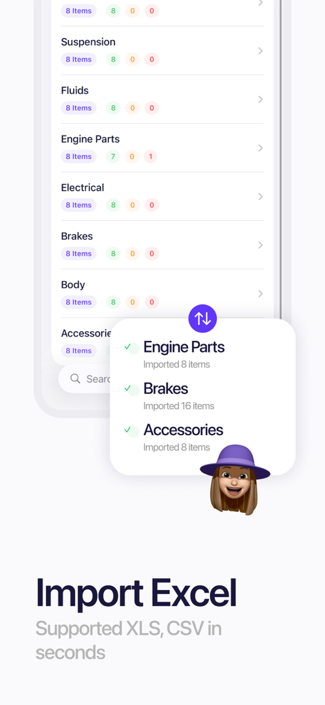 Inventory Tracker - Sklad - Sklad app interface showing the successful import of inventory categories like engine parts and brakes from an Excel file