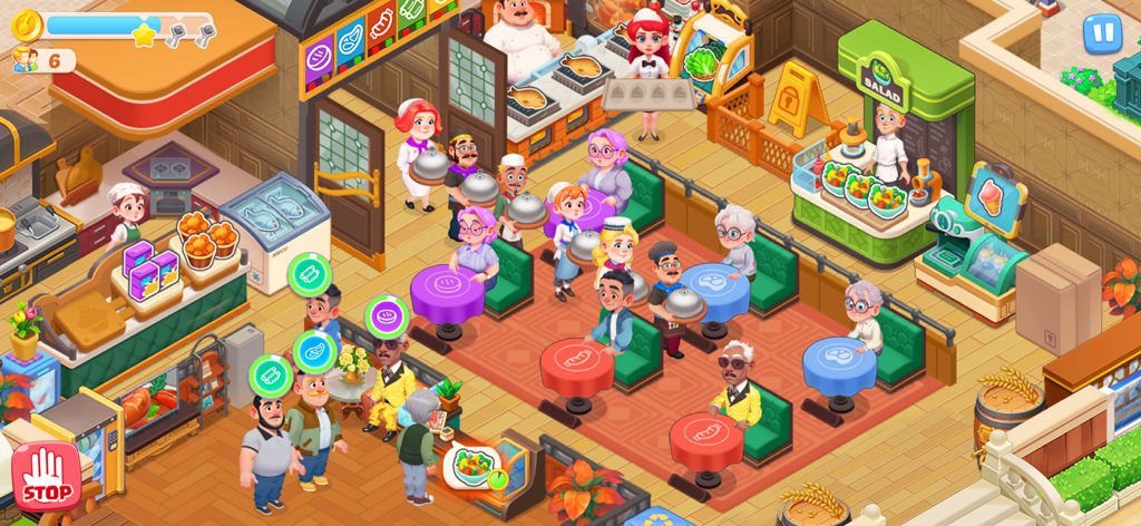 Happy Diner Storyの忙しいレストラン管理シーン。ウェイターがお客さんにサービスを提供し、シェフが調理しています。