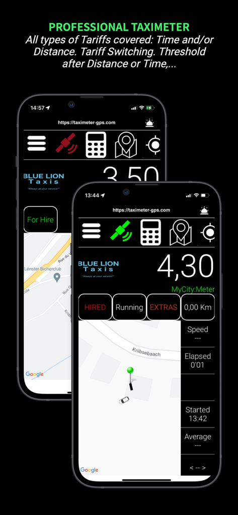 TaxiController Driver - Professional GPS taximeter app interface on iPhone showing fare calculation and map tracking