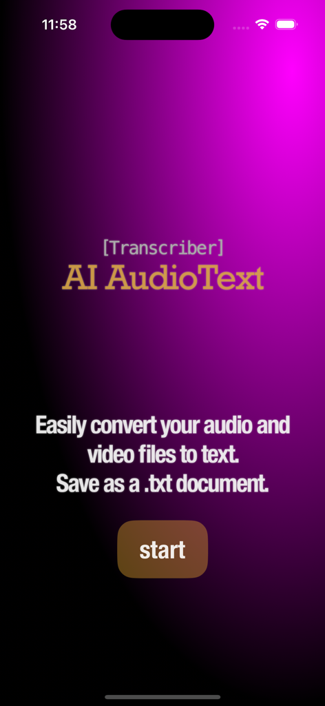 AI Speech Transcriber - La pantalla de bienvenida de la aplicación AI Speech Transcriber con fondo morado, que muestra el nombre de la aplicación AI AudioText y un botón de inicio para comenzar a convertir archivos de audio y video a texto.