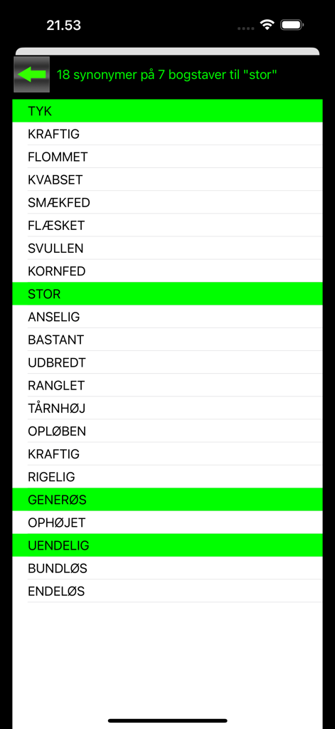 DanKryds - Screenshot of DanKryds app showing a categorized list of 7-letter Danish synonyms for the word stor