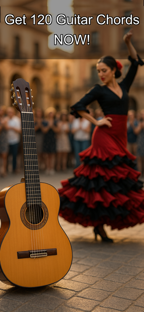 120 Guitar Chords - Una guitarra clásica se encuentra en una plaza con un bailaor de flamenco al fondo y una llamada a la acción para descargar la aplicación.