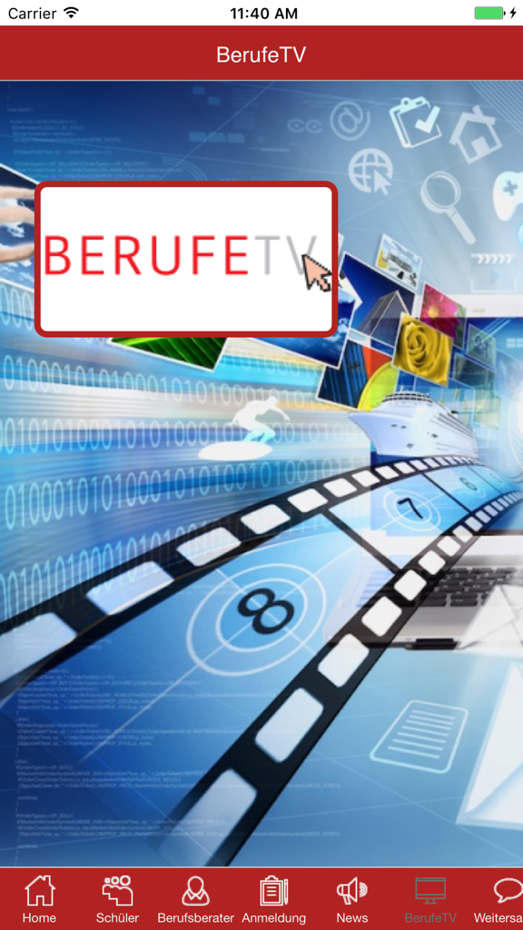 Interfaz de BerufeTV en la aplicación arbeitsagentur que muestra recursos de carrera e iconos de navegación