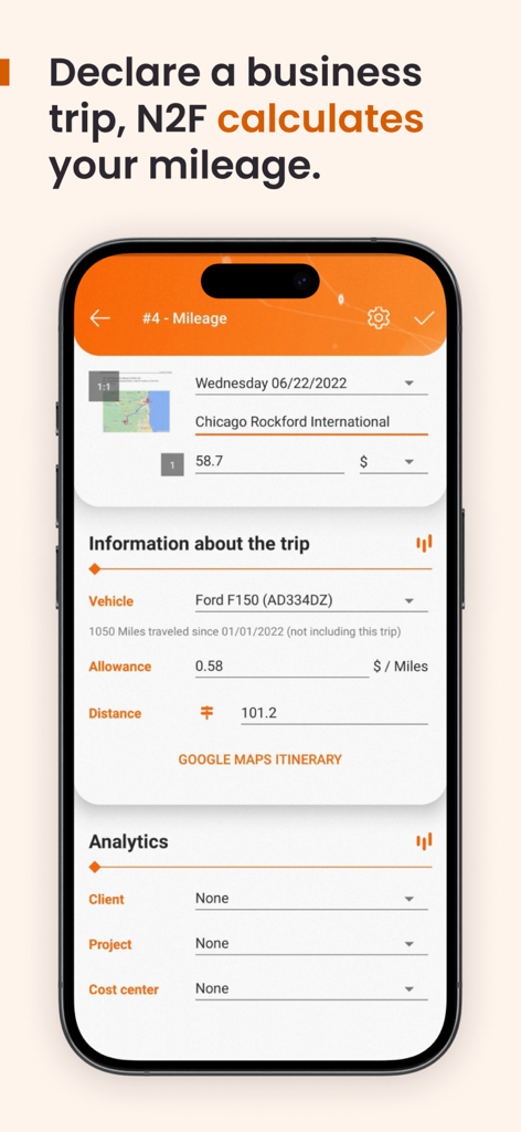N2F - expense report & mileage - Interface of the N2F app showing a business trip mileage calculation for a Ford F150