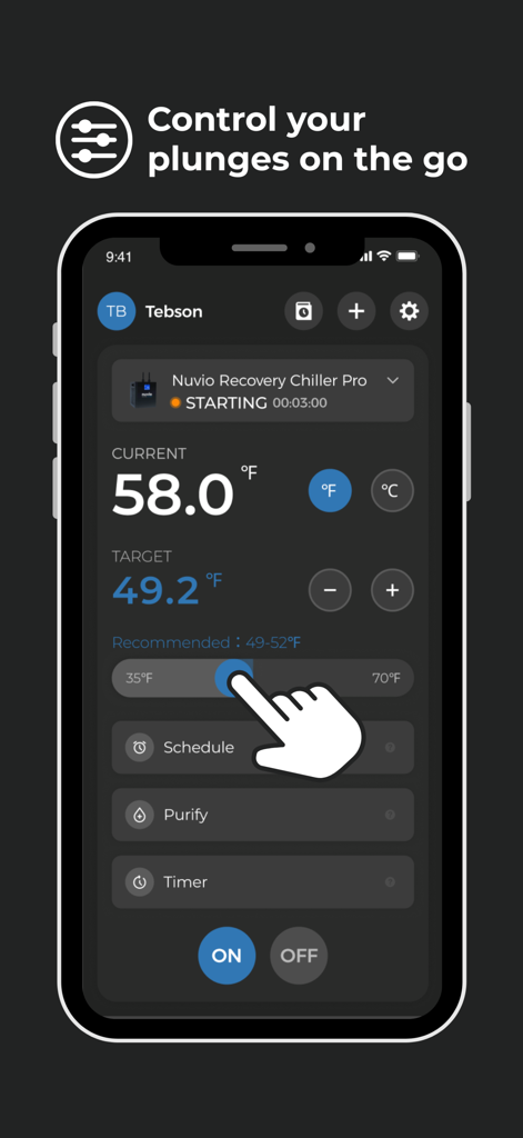 Nuvio - Nuvio mobile app dashboard for controlling cold plunge recovery chiller temperature