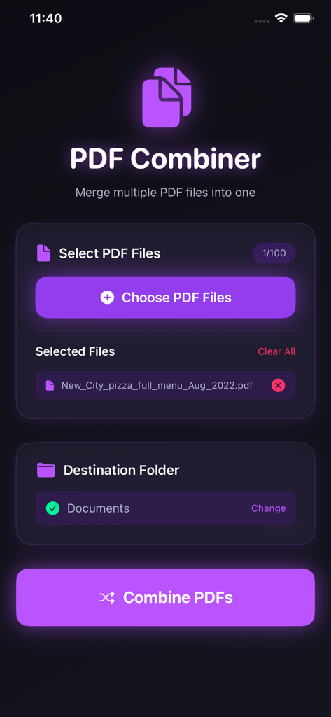 オフラインでPDFドキュメントを選択および結合するためのモバイルアプリ画面