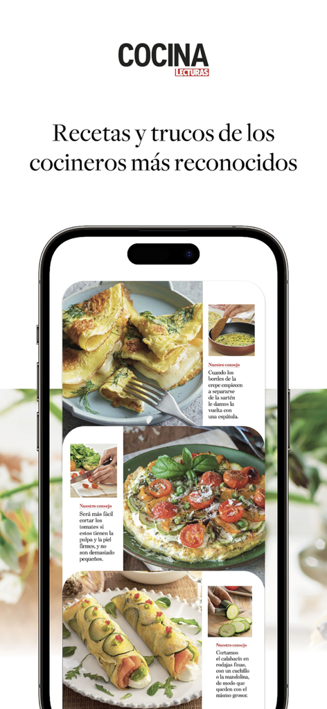 Smartphone mostrando la app Lecturas Cocina con fotografía profesional de alimentos y consejos de cocina