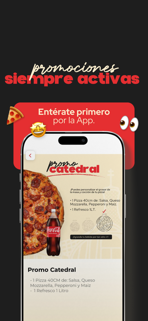 Zou Pizza - Application Zou Pizza montrant les promotions actives et une offre combinée comprenant une grande pizza et une bouteille de soda