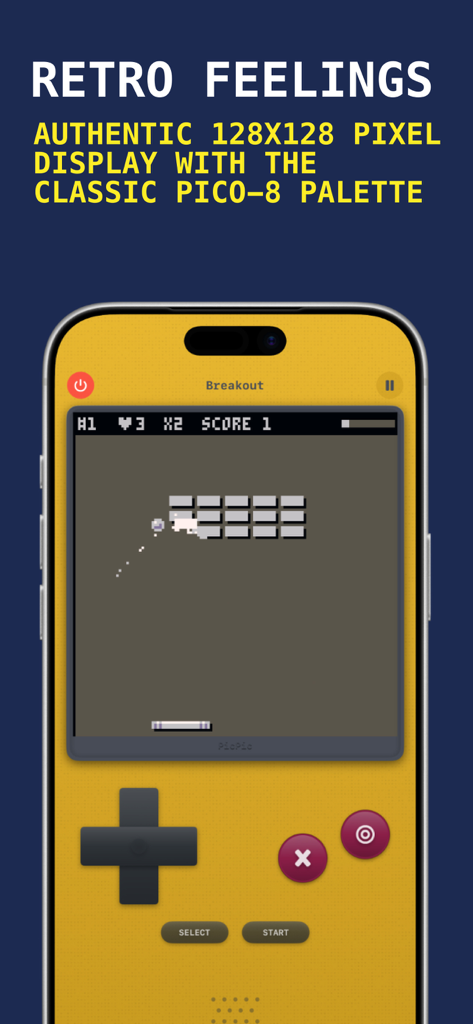 Pico-8 Emulator: Picpic - ブレイクアウトゲームをプレイしているレトロな黄色のコンソールスキンを備えたiPhone上のPico-8エミュレーター