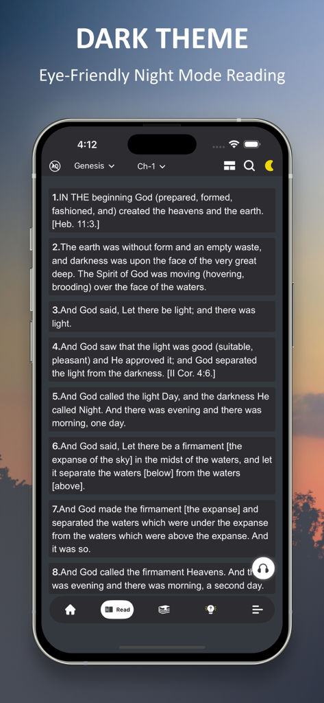 Amplified Bible app screenshot showing eye friendly dark mode for night reading.