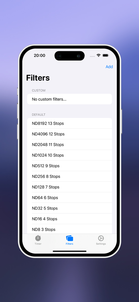 Lista de filtros de densidad neutra predeterminados de 3 a 13 pasos en la aplicación NDTimer.