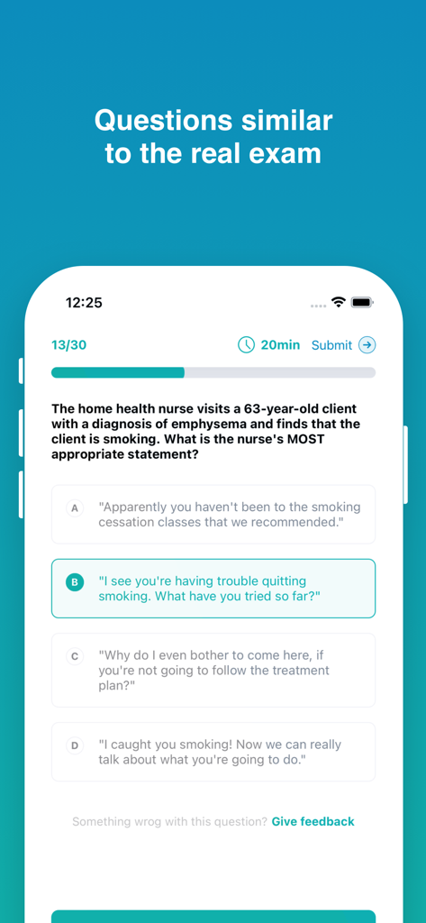 NCLEX practice exam screen showing a nursing clinical scenario with multiple choice answer options.