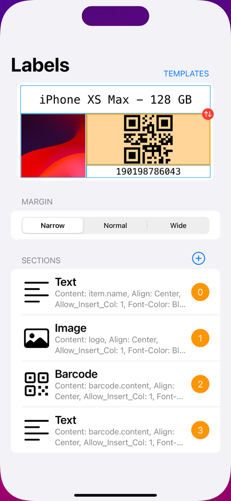 Scan Me - Product WebLink QR - Ein Bildschirm zeigt die Etikettendesigner-Oberfläche zum Erstellen von Produktetiketten mit QR-Codes.