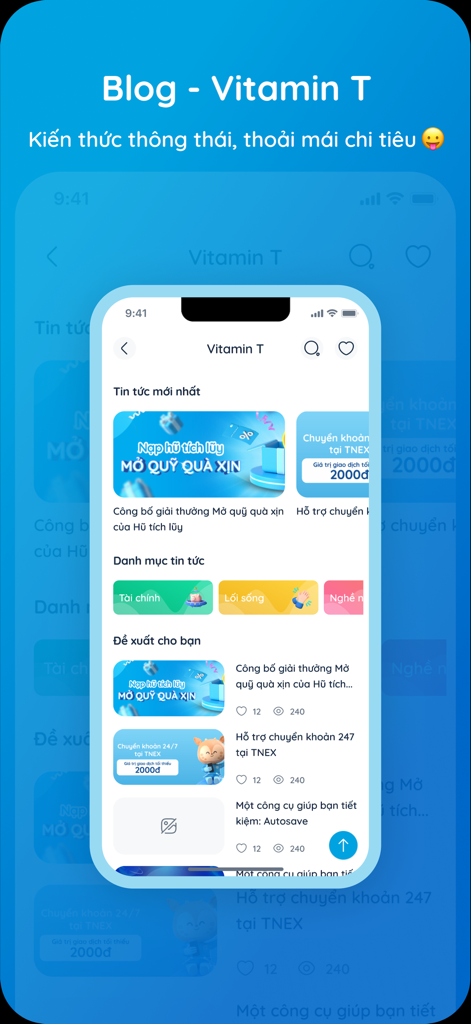 TNEX - Ngân hàng số thế hệ mới - TNEX 디지털 뱅크 모바일 앱 블로그 섹션, 금융 및 라이프스타일 뉴스 기사 표시