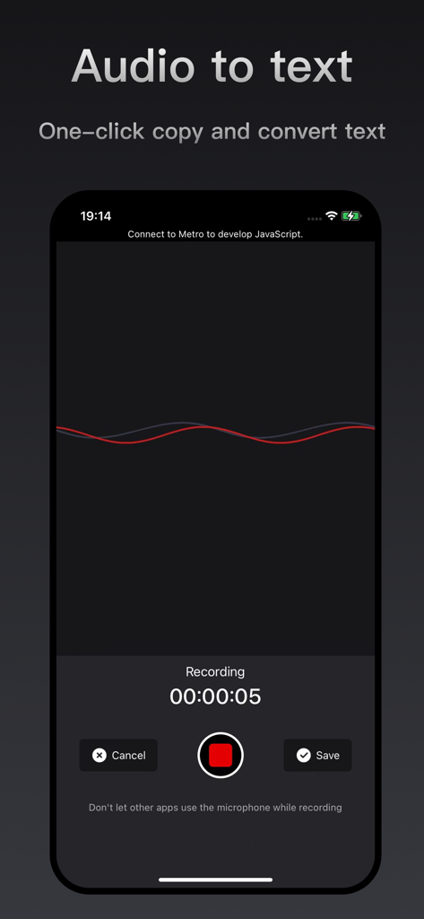 录音专家 - 您的随身录音笔 - Interface do aplicativo Recording Expert mostrando uma gravação de voz em andamento com o recurso de conversão de áudio para texto