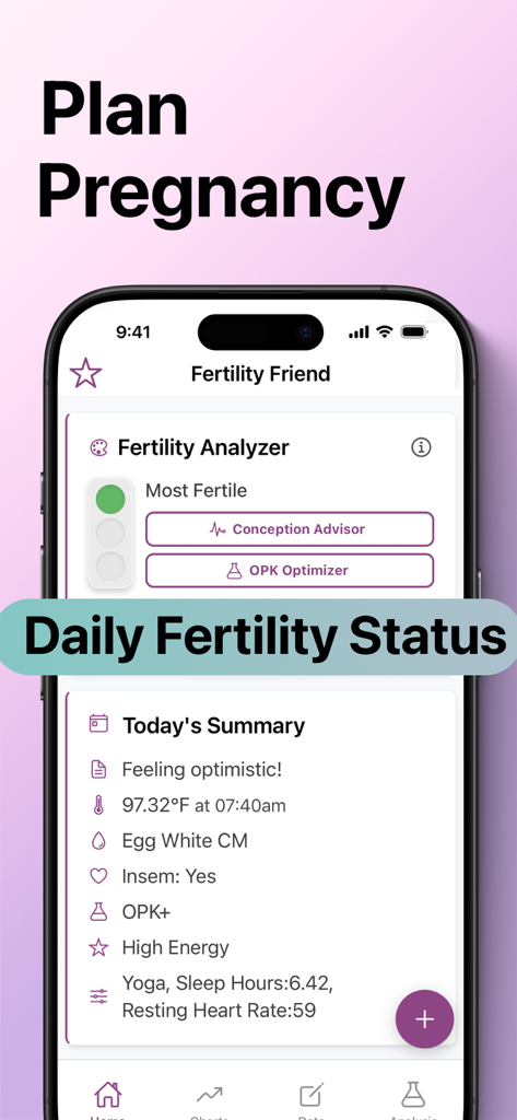 Fertility Friend app interface showing daily fertility status summary with basal body temperature and cycle insights