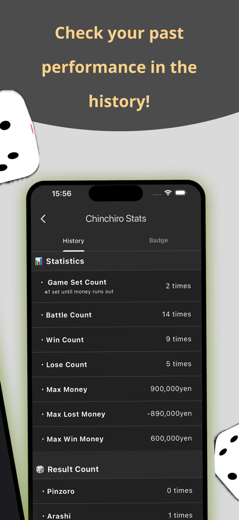 CHINCHIRO - Mobile screen displaying Chinchiro game performance statistics including win loss history and currency gains