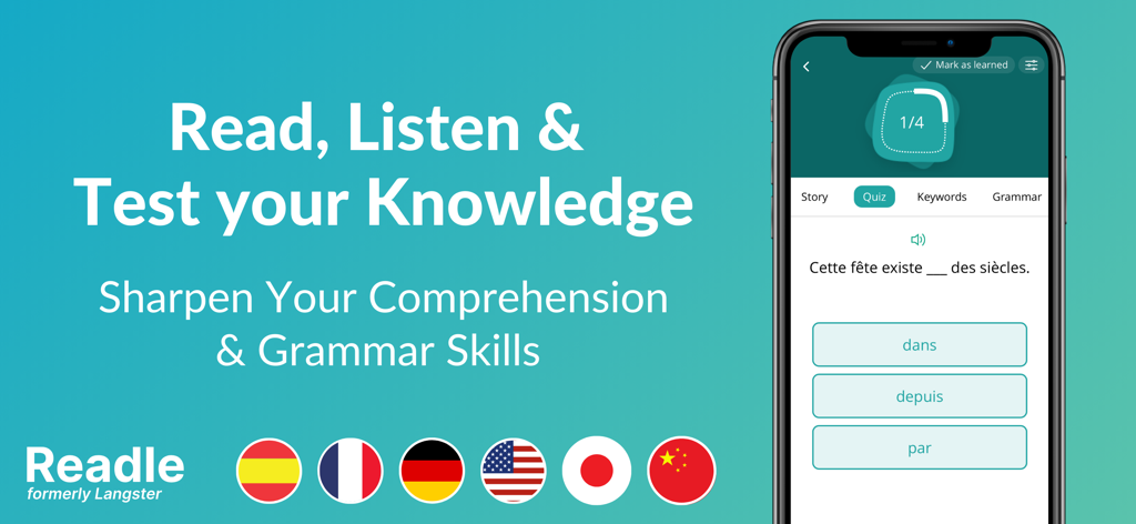 Readle: Learn Languages Daily - Gráfico promocional para la aplicación Readle que presenta un cuestionario de gramática francesa en la pantalla de un smartphone y banderas de los idiomas admitidos.