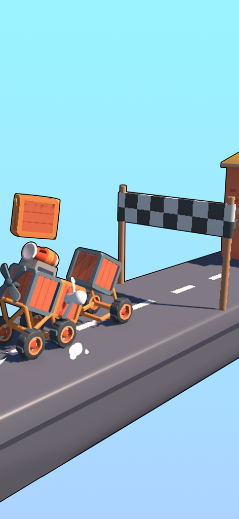 Car Maker: Trailblazer - A custom wooden crate vehicle crossing the checkered finish line in Car Maker Trailblazer