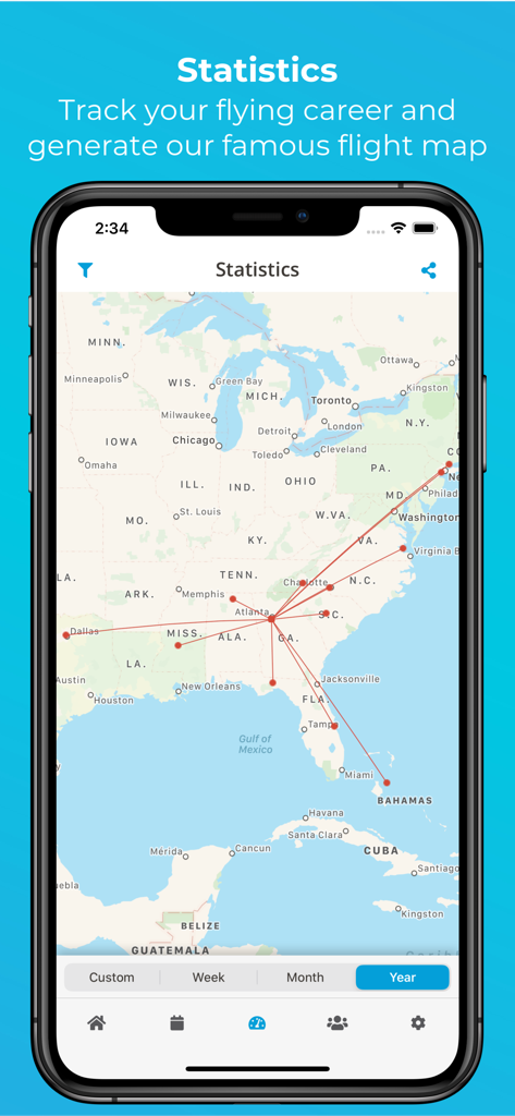 RosterBuster Crew App - A smartphone display showing a flight map of the United States with various flight routes and destinations as part of the airline crew statistics feature.
