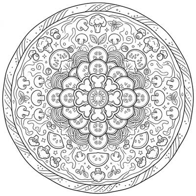 Indulge your artistic appetite with this delightful Vegetable Pizza Mandala coloring page. This intricate design combines the joy of food with the meditative beauty of mandalas, offering hours of relaxing creativity.