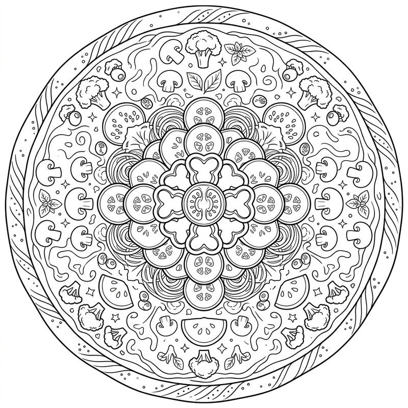 Indulge your artistic appetite with this delightful Vegetable Pizza Mandala coloring page. This intricate design combines the joy of food with the meditative beauty of mandalas, offering hours of relaxing creativity.