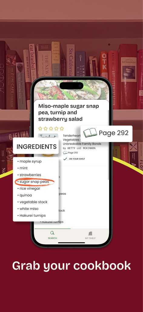 CookShelf: Search Cookbooks - Pantalla de la aplicación CookShelf que muestra los ingredientes de una ensalada y el número de página del libro de cocina específico.