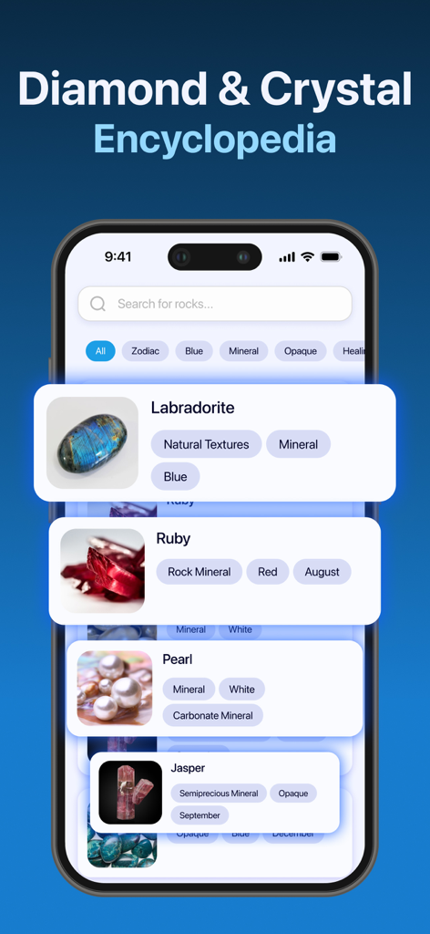 Rock Identifier ID - StoneScan - La interfaz de Enciclopedia de Diamantes y Cristales en la aplicación Rock Identifier que muestra una lista de búsqueda de varias gemas y minerales.