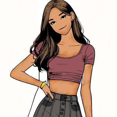 realistic pretty teenage girl in cropped top and skirt