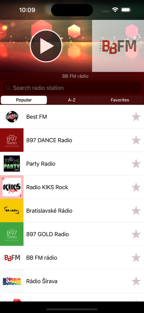 Interface of the Radio SK app showing a list of popular Slovak radio stations including Best FM and Party Radio.