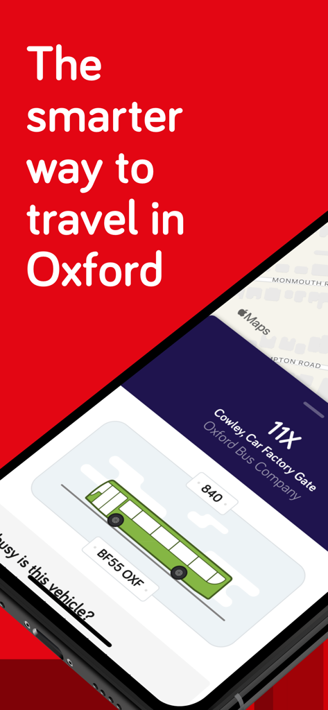 Oxford Bus and Thames Travel - Oxford Bus and Thames Travel app interface on a red background with the slogan The smarter way to travel in Oxford
