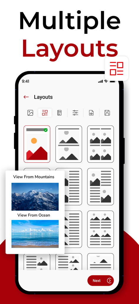 사진을 PDF 문서로 변환하기 위한 여러 그리드 및 목록 레이아웃 옵션을 보여주는 모바일 앱 화면.