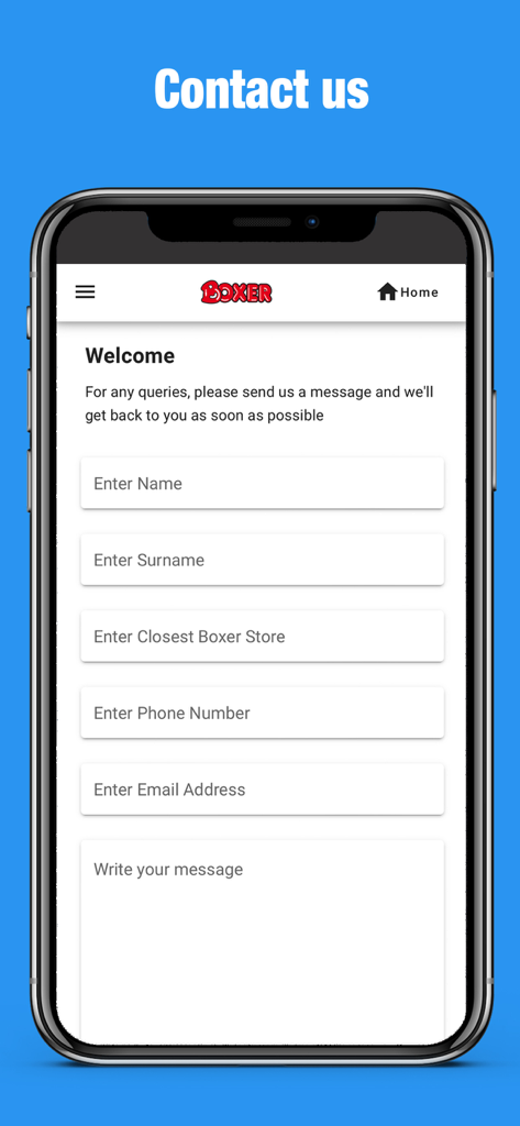 Boxer - The contact us screen of the Boxer mobile app featuring a customer support form.