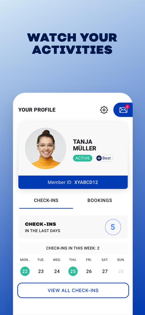 Hansefit app profile screen showing user check-in history and activity summary.