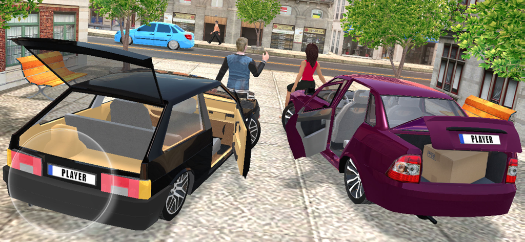 Car Simulator OG - 멀티플레이어 롤플레잉 장면에서 도시 거리에 주차된 문과 트렁크가 열린 두 대의 자동차