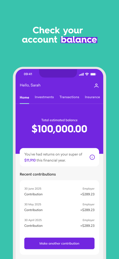 HESTA - HESTA app dashboard displaying a total account balance of one hundred thousand dollars and a list of recent contributions