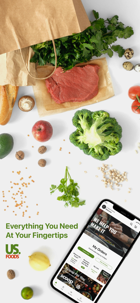 US Foods MOXē - US Foods MOXE app displayed on a smartphone surrounded by fresh ingredients like meat, broccoli, and herbs with the text Everything You Need At Your Fingertips.