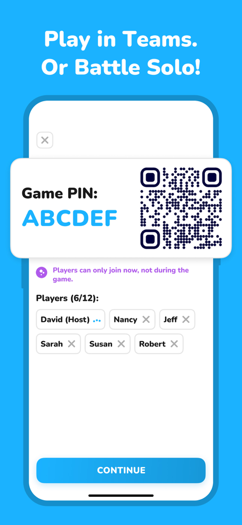 Charades - Explosive Seconds - Game lobby screen of Charades Explosive Seconds with QR code and player list for team play.