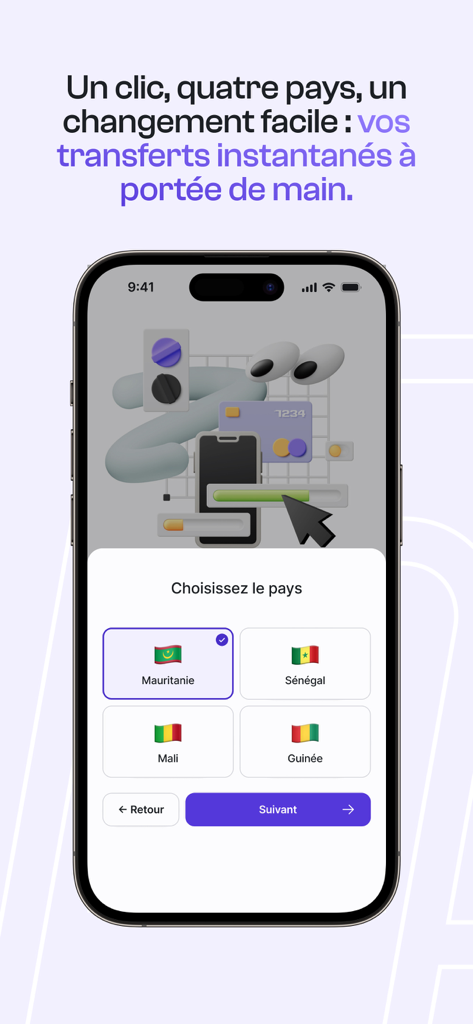 BCIpay - BCIpay mobile application showing country selection for Mauritania, Senegal, Mali, and Guinea