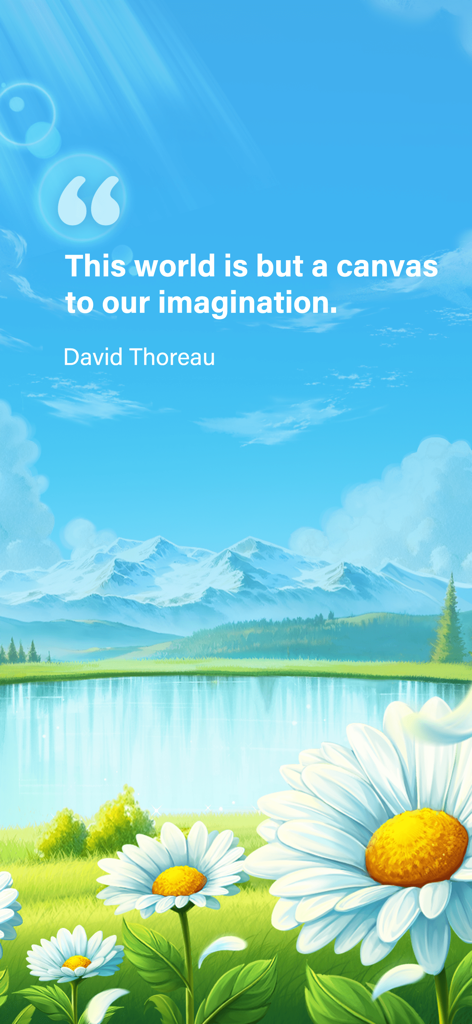 Color Oasis - Color by Number - Inspirational quote by David Thoreau over a serene mountain and lake landscape with white daisies.