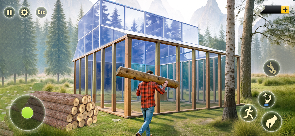 Ranch Farm Store Animal Sim 25 - Un personaje transportando un tronco de madera para construir un invernadero moderno de cristal en un rancho forestal.
