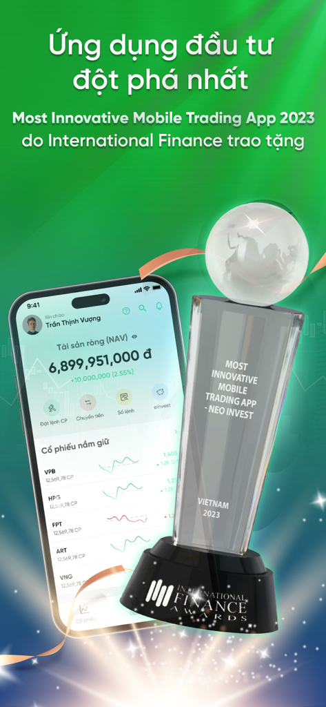 VPBank Securities – NEO Invest - Interfaz de la aplicación de trading móvil NEO Invest junto al trofeo del premio 'Most Innovative Mobile Trading App 2023'