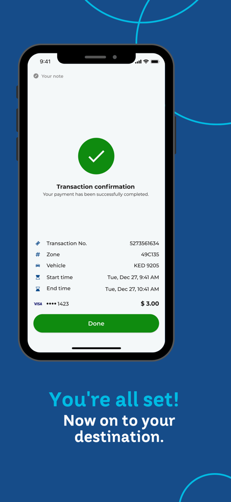 MPLS Parking - Successful transaction confirmation screen on the MPLS Parking app